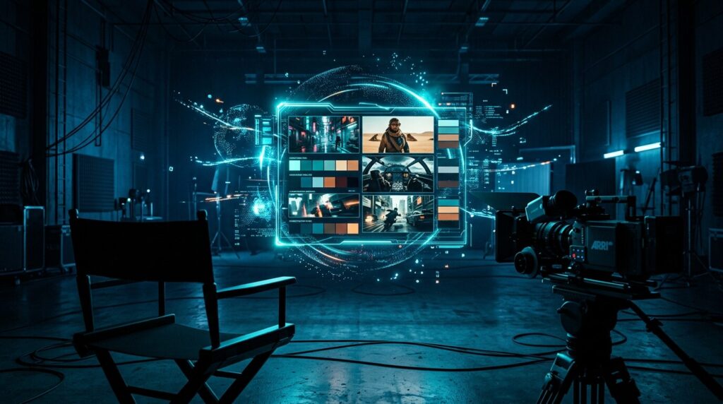 Magnific (Freepik) — wirtualne studio AI z holograficznym ekranem prezentującym filmy generowane przez AI