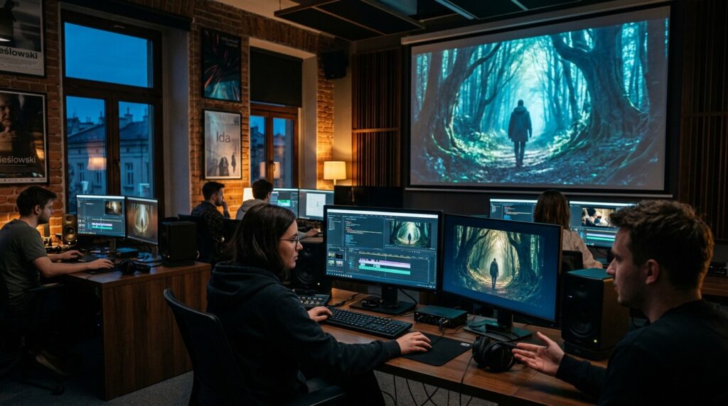 Studenci AMA Film Academy w Krakowie pracują w sali edytorskiej z materiałem AI