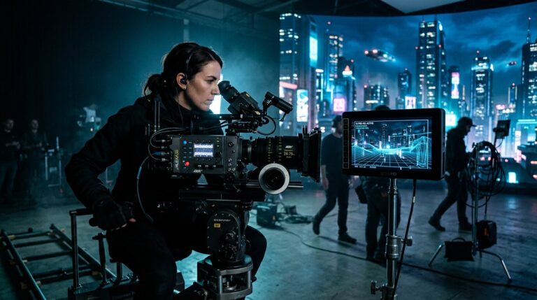 Operator filmowy z kamerą cinema na planie z LED virtual production wall i AI pre-vis