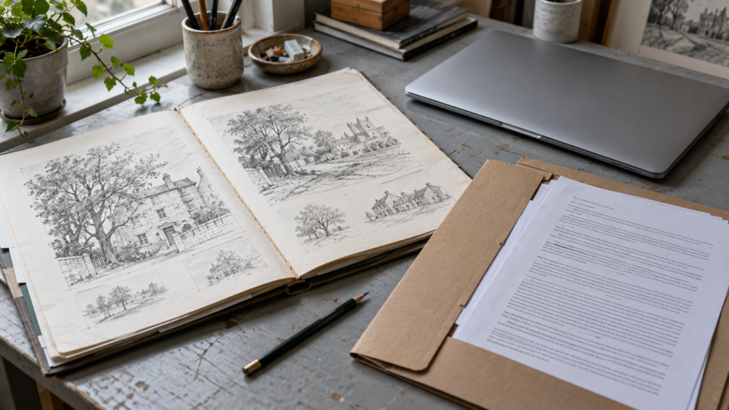 Ilustracja fotograficzna: portfolio rysownika, laptop i dokumenty na biurku w naturalnym świetle.