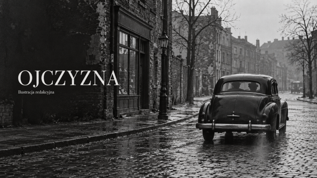Autorska czarno-biała ilustracja redakcyjna: zabytkowy samochód na powojennej ulicy i tytuł Ojczyzna.