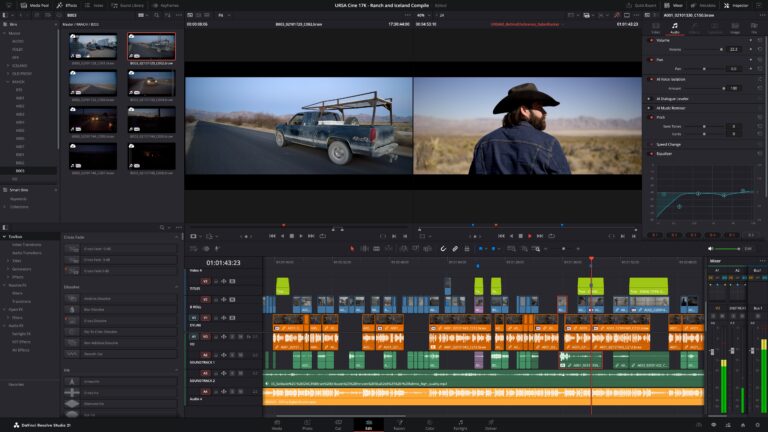 Rzeczywisty interfejs DaVinci Resolve 21 z podglądem klipów i wielościeżkową osią czasu